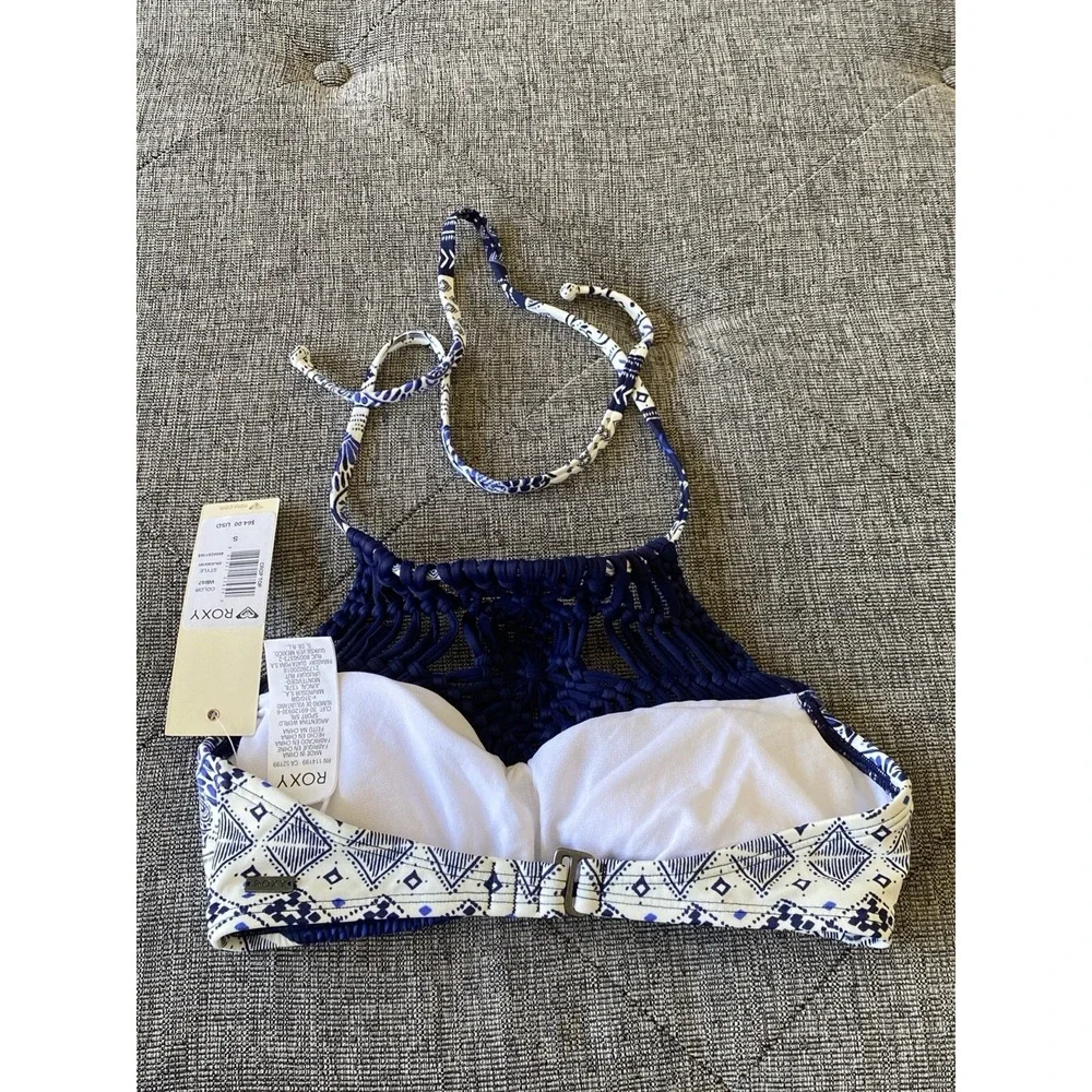 Roxy High-Neck Macrame Halter Bikini Crop Top Blue White Geometric‎ Sz S NWT $64